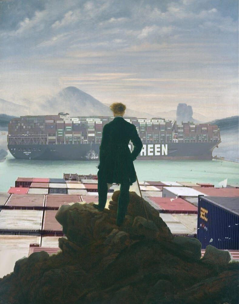 Wanderer above a sea of clouds but the clouds are the Ever Given ship